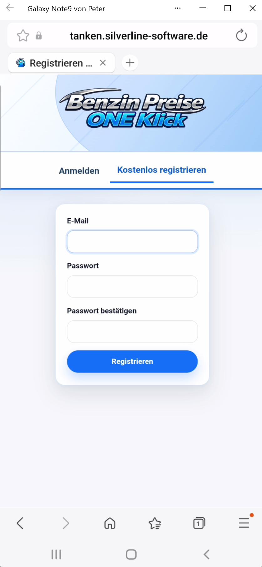 Registrieren Bildschirm am Handy